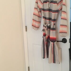 Source Unknown Gray Striped Boho Dress with Coral Accents